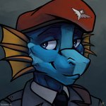 anthro beret blue_eyes clothed clothing hat headgear headwear male simple_background smile solo uniform warden_uniform screencap_(artist) foxhole:_persistant_online_warfare space_station_13 srusu_rskuzu_(character) scalie unathi 1:1 2022 2023 adversarial_noise bust_portrait digital_media_(artwork) hi_res portrait signature