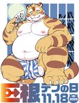 anthro balls belly big_belly clothing eyewear genitals glasses humanoid_hands kemono male moobs moon nipples overweight overweight_male pink_nose solo text underwear hupi1008 big_dick_day felid mammal pantherine tiger 2023 hi_res japanese_text