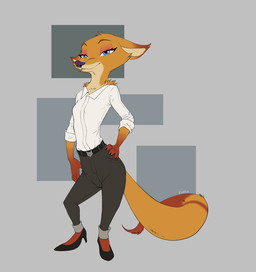 anthro belt blue_eyes bottomwear cheek_tuft clothing collared_shirt dress_shirt eyebrows eyelashes eyeshadow facial_tuft female floppy_ears fluffy fluffy_tail footwear fur gloves_(marking) high_heels long_tail makeup markings orange_body orange_fur pants pointy_ears raised_eyebrows shirt shoes simple_background snout solo tail topwear tuft ruffu megan_fawkes canid canine fox mammal digital_drawing_(artwork) digital_media_(artwork) full-length_portrait portrait
