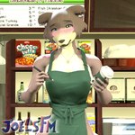 anthro apron areola blush blush_lines bodily_fluids breasts clothing container cup embarrassed female jewelry looking_at_viewer necklace pencil_(object) solo sweat sweatdrop text joelsfm beastars starbucks juno_(beastars) canid canine canis mammal wolf 1:1 3d_(artwork) digital_media_(artwork) english_text hi_res meme source_filmmaker_(artwork)