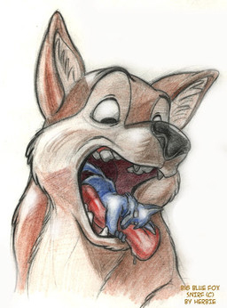 anthro blue_body duo eyes_closed hug looking_at_prey macro male micro nude open_mouth oral_vore simple_background size_difference smaller_male surprised throat tongue tongue_grab vore white_background bigbluefox herbie_bearclaw canid canine mammal