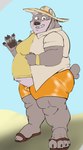 anthro beach belly bottomwear bulge clothing eyebrows flip_flops footwear grin hat headgear headwear male moobs overweight sandals shoes shorts smile solo straw_hat thick_eyebrows coyotebbbusted lifewonders tokyo_afterschool_summoners jambavan_(tas) bear mammal hi_res