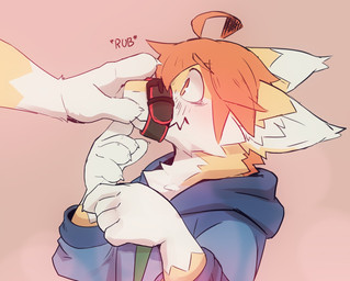ambiguous_gender anthro blue_clothing blue_jacket blue_topwear blush cheek_tuft clothed clothing duo faceless_ambiguous faceless_character facial_tuft fur gloves_(marking) green_clothing green_topwear hair inner_ear_fluff jacket male markings mouth_closed muzzle_(object) muzzled orange_eyes orange_hair pink_background simple_background solo_focus topwear tuft white_body white_fur white_inner_ear_fluff yellow_body yellow_fur kuttoyaki mythology kutto dragon furred_dragon furred_scalie mythological_creature mythological_scalie scalie hi_res