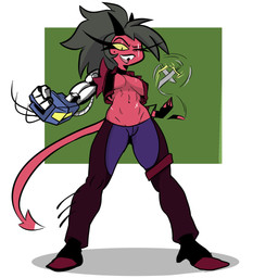 2_horns 4_fingers abdominal_scar abstract_background athletic athletic_female athletic_humanoid black_clothing black_eyes black_gloves black_hair black_handwear bottomwear breasts chaps clothed clothing cybernetic_arm cybernetic_limb denim denim_bottomwear denim_clothing eye_scar eyelashes facial_scar female fingerless_gloves fingers gloves hair handwear horn jacket jeans knife lidded_eyes long_eyelashes long_hair long_tail looking_at_viewer markings medium_breasts mole_(marking) nave navel one_eye_closed open_clothing open_jacket open_mouth open_smile open_topwear pants pointed_tail ponytail pupils red_body red_clothing red_jacket red_skin red_topwear scar slit_pupils smile solo tail teeth tooth_gap topwear torn_jacket yellow_sclera aptom7747 hellaverse helluva_boss millie_(helluva_boss) demon demon_humanoid horned_humanoid humanoid imp tailed_humanoid 1:1 2026 absurd_res digital_drawing_(artwork) digital_media_(artwork) hi_res
