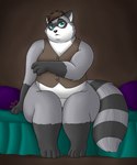 anthro bed clothing female furniture slightly_chubby slightly_chubby_female solo bigladydragon mammal procyonid raccoon 5:6