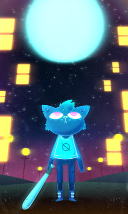 ambiguous_gender anthro baseball_bat bat_(object) blue_body blue_fur bottomwear clothing detailed_background dream footwear fur lights looking_up moon pants pink_eyes red_eyes road shirt solo star topwear window zetrystan night_in_the_woods mae_borowski domestic_cat felid feline felis mammal 2017 3:5 absurd_res hi_res female_(lore)