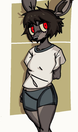 anthro bottomwear breasts clothed clothed_anthro clothed_female clothing female female_anthro front_view fur hair hands_behind_back looking_aside multicolored_body multicolored_fur narrowed_eyes red_eyes shirt shorts solo topwear xarop77 reed_(xarop77) deer mammal 2025 digital_drawing_(artwork) digital_media_(artwork) english_description portrait