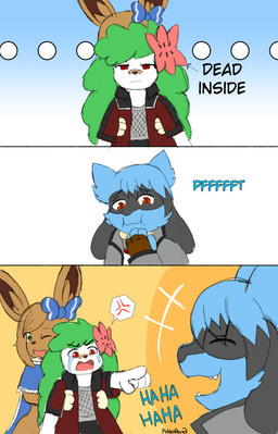 angry bodily_fluids bow_ribbon clothed clothing crying gesture green_eyes green_hair group hair hand_gesture laugh one_eye_closed pointing red_eyes tears text trio white_body fokkorev nintendo pokemon clove_(fokkorev) levin_(fokkorev) melia_(fokkorev) eevee generation_1_pokemon generation_4_pokemon land_forme_shaymin legendary_pokemon pokemon_(species) riolu shaymin absurd_res comic english_text hi_res