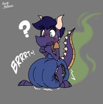 anthro big_diaper bodily_noises chibi clothing diaper embarrassed exposed_diaper feces full_diaper green_eyes green_markings hair horn male markings oblivious onomatopoeia overalls pooping purple_body purple_hair raised_tail smelly soiled_diaper soiling soiling_diaper solo sound_effects spiked_tail spikes spikes_(anatomy) standing stink_fumes tail text unclean_diaper used_diaper using_diaper wavy_mouth poofbuttrocky mythology jet_(jetthedrake) dragon mythological_creature mythological_scalie scalie wingless_dragon