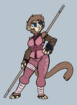 anthro blue_eyes breasts brown_body brown_fur clothed clothing female fluffy fluffy_tail fur holding_object holding_weapon simple_background solo stick tail weapon hijackerdraws haplorhine mammal monkey primate