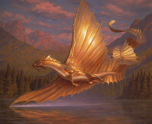 ambiguous_gender cloud day detailed_background feral flying forest gold_scales lake long_tail membrane_(anatomy) membranous_wings mountain outside plant solo tail tree water wings chris_rahn dungeons_and_dragons hasbro magic:_the_gathering mythology wizards_of_the_coast dragon dragon_(dnd) gold_dragon_(dnd) mythological_creature mythological_scalie scalie 2020 hi_res official_art