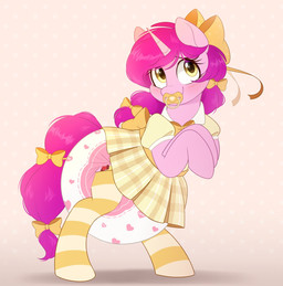 accessory big_diaper blush bow_ribbon clothing diaper diaper_fetish dress female feral footwear fur hair hair_accessory hair_bow hair_ribbon heart_symbol horn legwear object_in_mouth pacifier pacifier_in_mouth pattern_clothing pattern_footwear pattern_legwear pattern_socks pink_body pink_fur purple_hair quadruped ribbons socks solo striped_clothing striped_footwear striped_socks stripes thigh_highs thigh_socks yellow_eyes shuphle hasbro my_little_pony mythology fan_character equid equine mammal mythological_creature mythological_equine unicorn hi_res