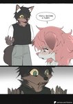 anthro black_hair canid canine clothed clothing comic dialogue digital_media_(artwork) duo english_text female fox fully_clothed fur fur_(theterm) green_eyes hair hair_over_eye hi_res kemono long_hair mammal night_(theterm) one_eye_obstructed pink_body pink_eyes pink_fur pink_hair pink_nose sad scared scared_expression scared_face shocked simple_background tail text theterm topwear url young