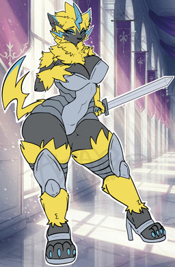 adoption anthro armor auction big_breasts big_butt blue_eyes breasts butt castle claws clothed clothing electricity eyeshadow female fluffy footwear hand_on_breast high_heels knight lightening makeup markings melee_weapon paws pose shoes solo sword thick_thighs warrior weapon wide_hips yellow_body james_andromeda nintendo pokemon felid feline generation_7_pokemon legendary_pokemon mammal pokemon_(species) zeraora absurd_res detailed digital_drawing_(artwork) digital_media_(artwork) digital_painting_(artwork) hi_res painting_(artwork) pinup