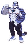 2022 anthro armpit_hair big_muscles blue_body blue_fur bluedy_(estper) body_hair bulge clothed clothing countershade_face countershade_fur countershade_torso countershading estper felid fur male mammal muscular muscular_anthro muscular_male pantherine smile solo striped_body striped_fur stripes tail tiger