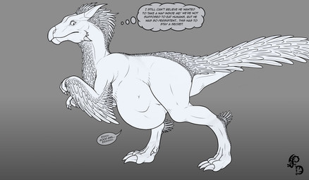 after_vore belly big_belly claws duo feathers feral feral_pred grey_background horn simple_background speech_bubble tail tail_feathers text vore dragonczech capcom monster_hunter bird_wyvern human mammal seikret 2026 english_text hi_res sketch watermark