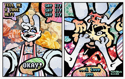 2_panel_comic 3_toes aloha_shirt annoyed anthro bow_tie cheek_spots cheek_tuft cigarette cigarette_in_mouth clothing dialogue duo facial_tuft feet floppy_ears foot_on_face fur half-closed_eyes humor male narrowed_eyes object_in_mouth one_eye_closed open_mouth open_smile overalls pattern_clothing pattern_shirt pattern_topwear shirt smile smirk smoking_tobacco smug smug_face speech_bubble standing_on_partner teeth text toes tooth_gap topwear tuft white_body white_fur yellow_body yellow_fur rawdawgcomics bingus_(rawdawgcomics) stahli_(rawdawgcomics) bird_dog canid canine canis domestic_dog golden_retriever hunting_dog lagomorph leporid mammal rabbit retriever comic english_text hi_res