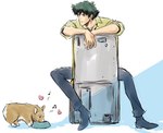 chair duo eating furniture green_hair hair heart_symbol male simple_background smile white_background tobalin cowboy_bebop ein_(cowboy_bebop) spike_spiegel canid canine canis domestic_dog herding_dog human mammal pastoral_dog welsh_corgi hi_res