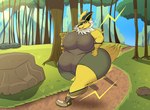 anthro bottomwear clothed clothing female footwear forest gloves handwear outside overweight overweight_female plant rock shirt shoes shorts slightly_chubby solo tail thick_thighs topwear tree visor yellow_tail finalofdestinations nintendo pokemon eeveelution generation_1_pokemon jolteon pokemon_(species) absurd_res hi_res