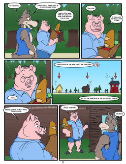 anthro black_nose blue_bottomwear blue_clothing blue_dress_shirt blue_shorts blue_topwear blue_vest bottomwear bread brick_house building carrot clothed clothed_anthro clothed_male clothing collared_shirt covering covering_crotch dialogue dress_shirt duo eyewear food forest fully_clothed fully_clothed_anthro fully_clothed_male fur glasses grey_body grey_fur groceries grocery_bag house humor long_snout male overweight overweight_anthro overweight_male paper_bag partially_clothed_anthro partially_clothed_male pink_body plant pun shirt shorts snout speech_bubble tail_covering_crotch text topwear tree vegetable vest wearing_glasses huttsergreywolf fairy_tales the_three_little_pigs big_bad_wolf bigby_(huttsergreywolf) swinestein canid canine canis domestic_pig mammal suid suine sus_(pig) wolf comic english_text hi_res