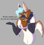 anthro condom flirting flirting_with_viewer harness male sexual_barrier_device smile smirk solo teasing text possumgod savio_(possumgod) bat canid canine hybrid mammal maned_wolf english_text hi_res shaded