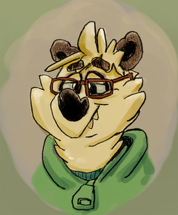 anthro biped black_body black_fur clothing cute_fangs eyewear fangs fur glasses green_clothing green_hoodie green_topwear hoodie multicolored_body multicolored_fur simple_background solo teeth topwear two_tone_body two_tone_fur osos bear giant_panda mammal 2015 bust_portrait portrait