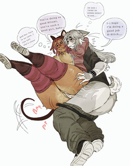 anthro areola arm_around_neck arm_around_partner bangs belt bent_legs big_breasts black_clothing black_shirt black_topwear blush bodily_fluids bottomwear bottomwear_down bracelet breast_squish breasts brown_areola brown_body brown_butt brown_fur brown_hair brown_tail butt butt_grab butt_heart clothed clothing countershade_arms countershade_butt countershade_tail countershading dialogue dreadlocks duo ears_back eyebrows female floating_whiskers fluffy fluffy_tail footwear freckled_face freckles from_behind_position frown fur genital_fluids genitals giggle glistening glistening_areola glistening_thighs good_girl grey_body grey_fur grey_hair gynomorph gynomorph/female hair hand_on_butt highlights_(coloring) hoodie intersex intersex/female jewelry legs_up legwear long_hair long_sleeves lying markings medium_hair mole_(marking) motion_lines mouse_tail no_bra notched_ear on_side open_clothing open_hoodie open_topwear pants pants_down partially_clothed partially_inside pattern_clothing pattern_legwear pawpad_shoes penetration penile penile_penetration penis penis_in_vagina pink_highlights pivoted_ears plap praise precum precum_on_butt precum_on_penis reaching_back sex shirt shoes short_sleeves short_tail simple_background smile speech_bubble spiked_bracelet spikes squish striped_clothing striped_legwear stripes stuttering sweat sweat_drip sweatdrop sweaty_face tail tail_motion tailwag tan_vulva teeth text thick_eyebrows thick_thighs thin_tail thought_bubble topwear vaginal vaginal_penetration vulva white_background white_butt white_fingers white_stripes wolfertinger hitch_(wolfertinger) hitomi_(wolfertinger) bobtail_cat domestic_cat felid feline felis japanese_bobtail mammal mouse murid murine rodent 2025 english_text hi_res trans_(lore) trans_man_(lore) trans_woman_(lore)