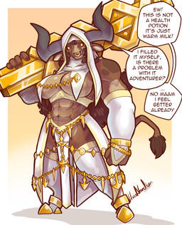 abs anthro biped breasts clothed clothed_anthro clothed_female clothing female front_view fur hair horn looking_at_viewer muscular muscular_anthro muscular_female navel offscreen_character solo standing tail text lluisabadias bovid bovine cattle mammal 2026 absurd_res digital_drawing_(artwork) digital_media_(artwork) english_text hi_res