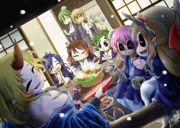 1_horn 2_horns accessory ahoge alcohol asian_clothing ball_and_chain bandage bandaged_arm beverage black_sclera blonde_hair blouse blue_clothing blue_hair blush bodily_fluids bottle bow_ribbon bowl breasts brown_hair brown_horn chopsticks cleavage clothed clothed_female clothed_human clothed_humanoid clothing container cuff_(restraint) cup door dutch_angle east_asian_clothing eating extreme_size_difference eyes_closed female flower_pupils food furgonomics green_eyes green_hair grey_horn group hair hair_accessory hair_bow hair_bun hair_ribbon hands_together hat headgear headwear holding_bowl holding_chopsticks holding_container holding_cup holding_object horn horn_accessory horn_bow horn_ribbon hotpot humanoid_pointy_ears japanese_clothing kimono looking_at_viewer micro micro_human one_eye_closed one_eye_half-closed open_mouth open_smile pink_hair pointy_ears purple_eyes purple_hair red_eyes restraints ribbons sakazuki sake shackles sitting size_difference sliding_door smile soup standing tears tokkuri topwear wet_hair yellow_clothing yellow_eyes yukata chamaji asian_mythology east_asian_mythology japanese_mythology mythology touhou aunn_komano kasen_ibaraki koishi_komeiji marisa_kirisame reimu_hakurei sanae_kochiya shinmyoumaru_sukuna shion_yorigami suika_ibuki yuugi_hoshiguma demon foo_dog horned_humanoid human humanoid komainu mammal oni yokai 2019 absurd_res hi_res