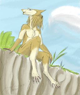 anthro blue_eyes blue_sky fur grass green_body green_fur male nude plant sitting sky smile solo lefallingcomet sergal digital_media_(artwork) hi_res