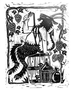 cask cloven_hooves container cup digitigrade drinking_glass erection food fruit furry_legs genitals glass glass_container glass_cup goat_hybrid grape holding_container holding_cup holding_drinking_glass holding_object holding_wine_glass hooves horn jug leaning leaning_backward linocut_(artwork) male penis plant pouring_liquid print_(medium) smile solo spade_tail tail vines wine_bottle wine_glass thesandlord european_mythology mythology bovid caprine goat humanoid hybrid mammal satyr 2026 black_and_white english_description hi_res monochrome traditional_media_(artwork)