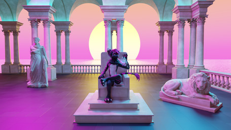 anthro chair furniture looking_at_viewer male pillar red_eyes sculpture solo statue sunset throne vaping vaporwave vladthelad felid lion mammal pantherine 16:9 2018 3d_(artwork) digital_media_(artwork) widescreen