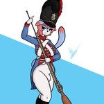 anthro bavaria blue_eyes blue_hair bulge clothed clothing gun gynomorph hair heterochromia historical intersex line_infantry military musket musketeer napoleonic ranged_weapon red_eyes red_hair short_hair soldier solo warrior weapon felestell domestic_cat felid feline felis mammal 1:1 hi_res