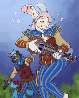 5_fingers anthro armlet armor arms_bent barbell_piercing bard barefoot belt belt_buckle black_body black_ear_ring black_fur black_nose black_tail blue_bottomwear blue_clothing blue_hair blue_pants blue_pauldron blue_pupils blue_scarf blue_sky blue_stripes bodypaint bottomwear brown_belt brown_clothing brown_gauntlets brown_topwear brown_vest buckle buckteeth cheek_tuft chest_tuft claws clothed clothed_anthro clothed_female clothed_male clothing cosplay dipstick_tail duo ear_piercing ear_ring eyebrows face_paint facial_tuft fangs feet female female_focus finger_claws fingers fluffy fluffy_tail fully_clothed fully_clothed_anthro fully_clothed_female fully_clothed_male fur gauntlets gloves gold_(metal) gold_armlet gold_jewelry grey_eyebrows grey_eyes grey_hair grey_tail grinning_at_another hair handwear happy highlights_(coloring) jewelry lidded_eyes light logo long_hair long_tail lute male markings multicolored_body multicolored_fur multicolored_tail musical_instrument musical_note musical_symbol open_mouth open_smile outside pants pattern_bottomwear pattern_clothing pattern_pants pauldron performance piercing pink_inner_ear pink_sclera pink_tongue plant playing_lute plucked_string_instrument pupils red_claws red_highlights red_tail_tip ring_piercing scarf scut_tail short_hair short_tail shrub sky smile standing string_instrument striped_bottomwear striped_clothing striped_markings striped_pants striped_tail stripes symbol tail tail_markings teeth tongue toothy_grin topwear tuft vest white_body white_fur white_sclera yellow_eyes porcumoose_artistries dead_by_daylight dungeons_and_dragons hasbro wizards_of_the_coast aestri_yazar baermar_uraz lagomorph leporid mammal procyonid rabbit raccoon 2025 artist_logo character_request colored crossover digital_drawing_(artwork) digital_media_(artwork) english_description hi_res lighting