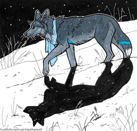 ambiguous_feral ambiguous_gender black_nose blue_eyes blue_markings blue_scarf cheek_tuft facial_tuft feral fur glistening glistening_eyes grey_body grey_fur markings mouth_closed neck_tuft outside scarf side_view snow snowing solo tuft whiskers heatherwolf canid canine mammal