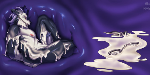 anthro bodily_fluids cock_vore cuff_(restraint) cum gag genital_fluids genitals handcuffs internal male melting metal_cuffs nipples penile penis restraints solo vore blackrabbitshone raz_(lightwolf17) canid canine mammal absurd_res hi_res