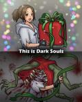 2014 4:5 absurd_res ambiguous_gender animate_inanimate blood blush bodily_fluids brown_hair butt christmas claws clothed clothing dark_souls duo english_text female for_a_head fromsoftware gift hair hard_vore hi_res holidays human human_prey humanoid mammal mimic mimic_monster monster monstrous_humanoid nightmare_fuel not_furry object_head open_mouth sharp_teeth simple_background snowflake teeth text unknown_artist vore