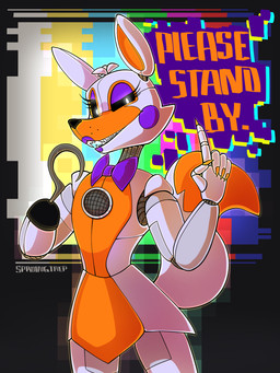 ambiguous_gender anthro bow_tie claws eyelashes fingers half-closed_eyes lipstick machine makeup narrowed_eyes orange_body orange_claws orange_inner_ear purple_cheeks sharp_teeth smile solo speaker standing teeth text white_body sproingtrep five_nights_at_freddy's five_nights_at_freddy's_world scottgames sister_location lolbit_(fnaf) animatronic canid canine fox mammal robot 2018 english_text hi_res
