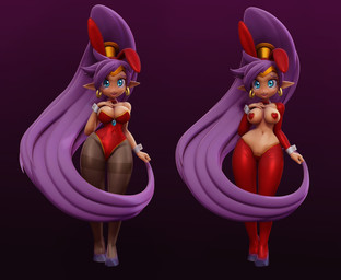 armwear big_breasts blue_eyes bow_tie breasts bunny_costume cleavage clothed clothing costume cuffs_(clothing) dark_body dark_skin ear_piercing ear_ring fake_ears fake_rabbit_ears female footwear front_view hair hand_on_chest heart_pasties humanoid_pointy_ears legwear leotard long_hair looking_at_viewer maebari navel_outline open_mouth pantyhose pasties piercing pointy_ears ponytail purple_background purple_clothing purple_footwear purple_hair purple_shoes red_armwear red_bow_tie red_clothing red_legwear red_leotard reverse_bunny_costume ring_piercing shoes simple_background solo thick_thighs wide_hips the-great-pipmax shantae_(series) wayforward shantae genie humanoid 3d_(artwork) digital_media_(artwork) hi_res