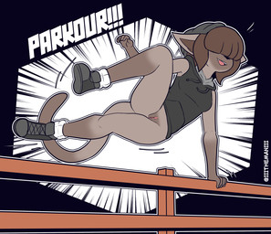 anthro black_nose bottomless breasts brown_body brown_fur clothed clothing female footwear fur genitals hair hair_over_eyes hat headgear headwear parkour shoes solo vulva the_man may_(the_man) felid feline mammal 2026 absurd_res hi_res