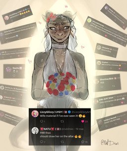 anthro blue_eyes bouquet breasts clothing dialogue dress female flower flower_bouquet front_view heart_symbol holding_bouquet holding_flower holding_object horn lipstick makeup medium_breasts non-mammal_breasts plant scales smile solo tan_body tan_scales text wedding_dress wedding_veil natdraws mythology twitter sonya_(darkaiz) dragon mythological_creature mythological_scalie scalie english_text hi_res sketch