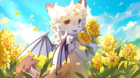 2_horns anthro blue_eyes blue_sky blush blush_lines chest_tuft cloud cloudy_sky cute_fangs day dragon_horn fangs flower fluffy fluffy_tail fur heterochromia horn inner_ear_fluff kemono light light_beam looking_at_viewer looking_back looking_back_at_viewer male multicolored_body multicolored_fur open_mouth open_smile outside plant sky smile smiling_at_viewer solo standing sunbeam sunflower sunlight tail teeth tuft two_tone_body two_tone_fur white_body white_clouds white_fur wind wings yellow_body yellow_eyes yellow_fur hlg7777 mythology dragon furred_dragon furred_scalie mythological_creature mythological_scalie scalie 16:9 2026 cel_shading digital_drawing_(artwork) digital_media_(artwork) shaded soft_shading wallpaper widescreen