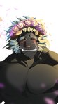 anthro blush flower flower_crown fur grey_body grey_fur grin male muscular muscular_anthro pecs plant scar shirtless smile solo tusks youmoxto lifewonders tokyo_afterschool_summoners krampus_(tas) monster