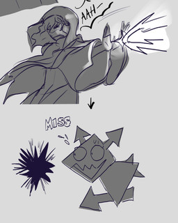 ambiguous_gender bodily_fluids clothed clothed_human clothing directional_arrow duo elemental_manipulation eyes_closed fire fire_manipulation flying_sweatdrops gameplay_mechanics hair hood light pointy_speech_bubble robe speech_bubble sweat sweatdrop text wide_eyed yelling fablivious1 deltarune undertale_(series) kris_dreemurr darkner human mammal virovirokun 2025 digital_drawing_(artwork) digital_media_(artwork) english_text greyscale hi_res lighting monochrome sequence