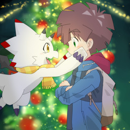 anthro backpack blue_clothing blue_jacket blue_topwear brown_hair christmas_tree claws clothing duo flying green_eyes hair holding_face holidays horn jacket male open_mouth open_smile plant scarf smile tail topwear tree white_body wings yellow_eyes hamu_ym bandai_namco christmas digimon digimon_ghost_game gammamon_(ghost_game) hiro_amanokawa digimon_(species) gammamon human mammal 1:1