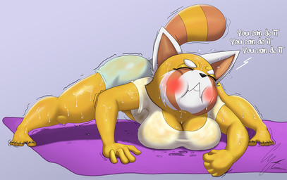 anthro ass_up big_breasts black_nose blush bodily_fluids breasts clothed clothing exercise eyes_closed feet female humanoid_feet jack-o'_pose orange_body overweight overweight_female plantigrade pose shirt solo sweat sweatdrop sweaty_breasts sweaty_legs thick_thighs tired topwear translucent translucent_clothing wet wet_clothing wet_shirt wet_topwear wide_hips g4rron aggretsuko sanrio retsuko ailurid mammal red_panda