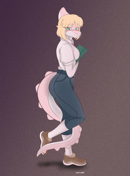 anthro blonde_hair bone_frill book bottomwear breasts clothed clothed_anthro clothed_female clothing eyebrow_through_hair eyebrows eyewear female footwear frill_(anatomy) glasses green_eyes grey_bottomwear grey_clothing grey_pants hair head_turned holding_book holding_object long_tail looking_aside medium_breasts medium_hair non-mammal_breasts pants pink_body shadow shirt shoes side_view simple_background solo spiked_tail spikes spikes_(anatomy) standing tail text topwear translucent translucent_hair white_body white_clothing white_shirt white_topwear louiss. goodbye_volcano_high ko_op_(game_developer) naomi_(gvh) dinosaur hadrosaurid ornithischian ornithopod parasaurolophus prehistoric_species reptile scalie artist_name colored hi_res shaded