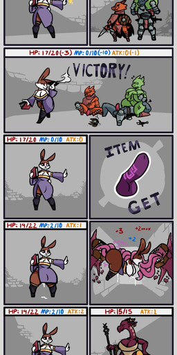 anthro armor big_breasts bodily_fluids book breasts clothing cum cunnilingus dildo female female/female genital_fluids genitals group male oral penis potion sex sex_toy shield tentacles text vaginal weapon unknown_artist kobold lagomorph leporid lizard mammal rabbit reptile scalie absurd_res english_text hi_res long_image tall_image
