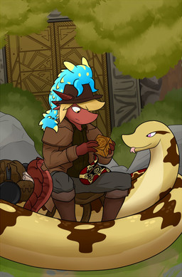 4_fingers ambiguous_gender backpack blonde_hair clothed clothing cookware detailed_background fedora feral fingers forked_tongue frying_pan group hair hat headgear headwear holding_object horn jacket kitchen_utensils leather leather_clothing leather_jacket leather_topwear male multicolored_body multicolored_scales pink_eyes plant rock saddle scales scroll serpentine shrub size_difference tail tongue tongue_out tools topwear tree yellow_eyes pankallisti mythology dragon mythological_creature mythological_scalie reptile scalie snake unknown_species 2019 character_request hi_res signature