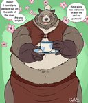 anthro clothed clothing eyes_closed green_background greeting humanoid_hands kemono male overweight overweight_anthro overweight_male simple_background solo text deadanthro canid canine mammal raccoon_dog tanuki 2021 english_text